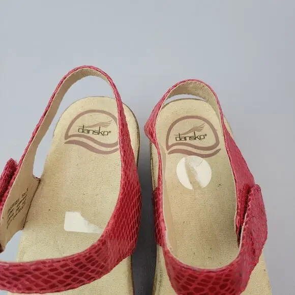Dansko Red Snakeskin Leather Double Strap Slingback Wedge Sandals Size 38-8 - Picture 10 of 11
